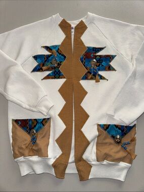Hanes White Sweatshirt with Tan Trim and Blue Patchwork Accents